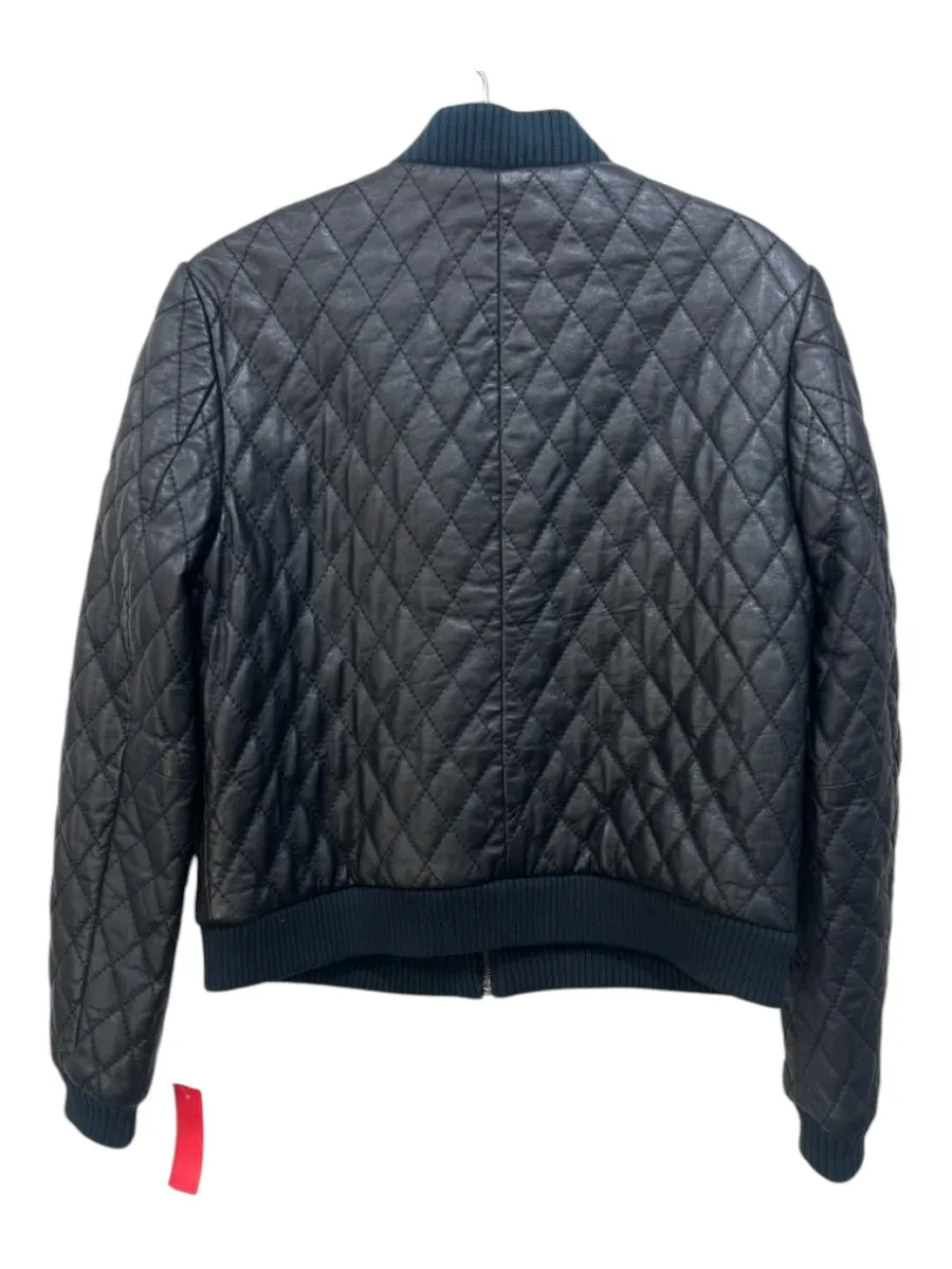 Artelier Size S Black & Teal Lamb leather Diamond Quilted Zip Bomber Jacket