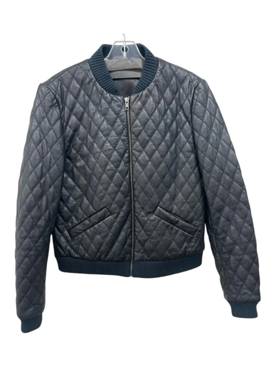 Artelier Size S Black & Teal Lamb leather Diamond Quilted Zip Bomber Jacket
