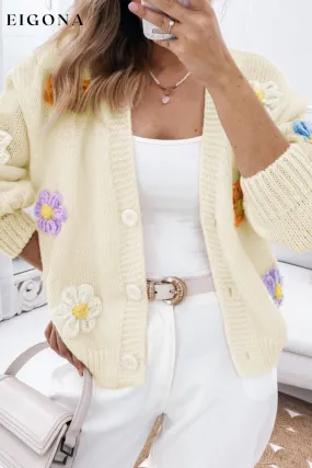Beige Cute Flower Embellished Buttoned Cardigan Sweater