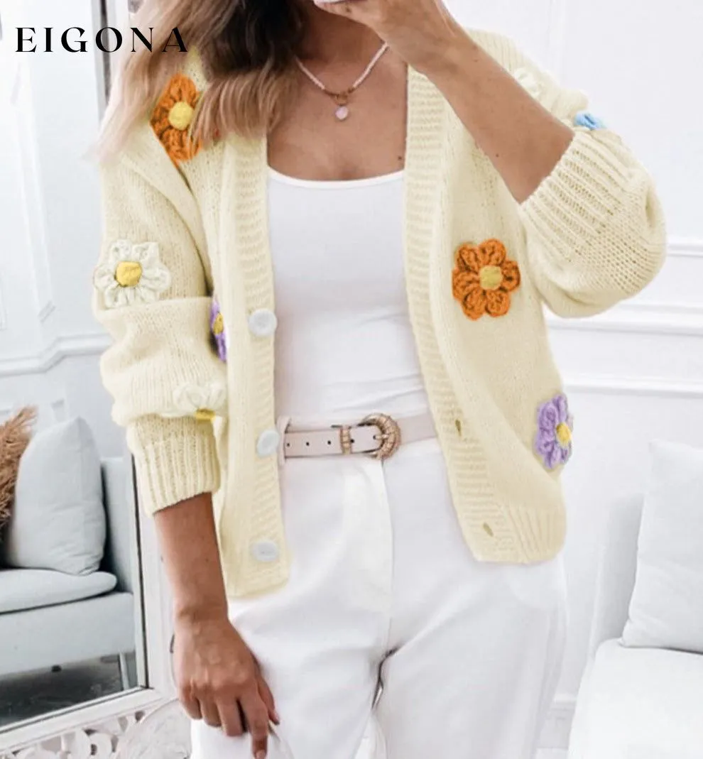 Beige Cute Flower Embellished Buttoned Cardigan Sweater