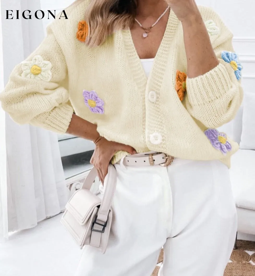Beige Cute Flower Embellished Buttoned Cardigan Sweater