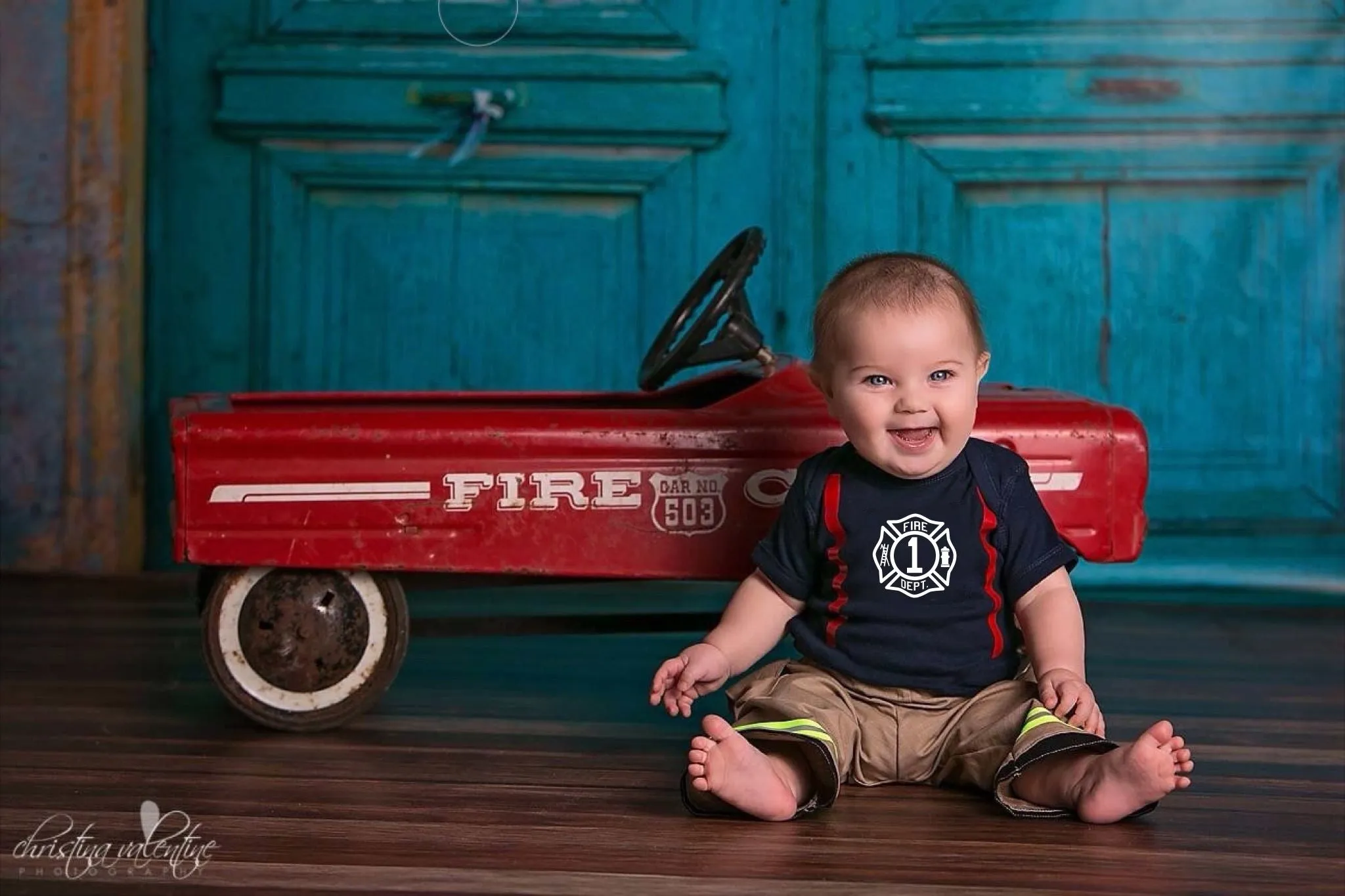 BIRTHDAY Firefighter Personalized TAN 2PC Baby Outfit