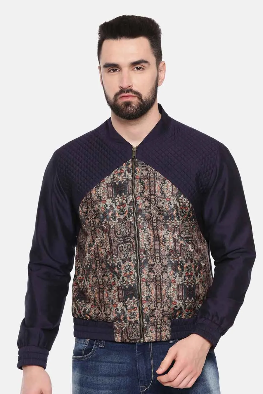 Blue Print Quilted Bomber Jacket