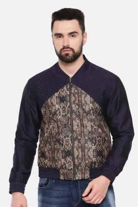 Blue Print Quilted Bomber Jacket
