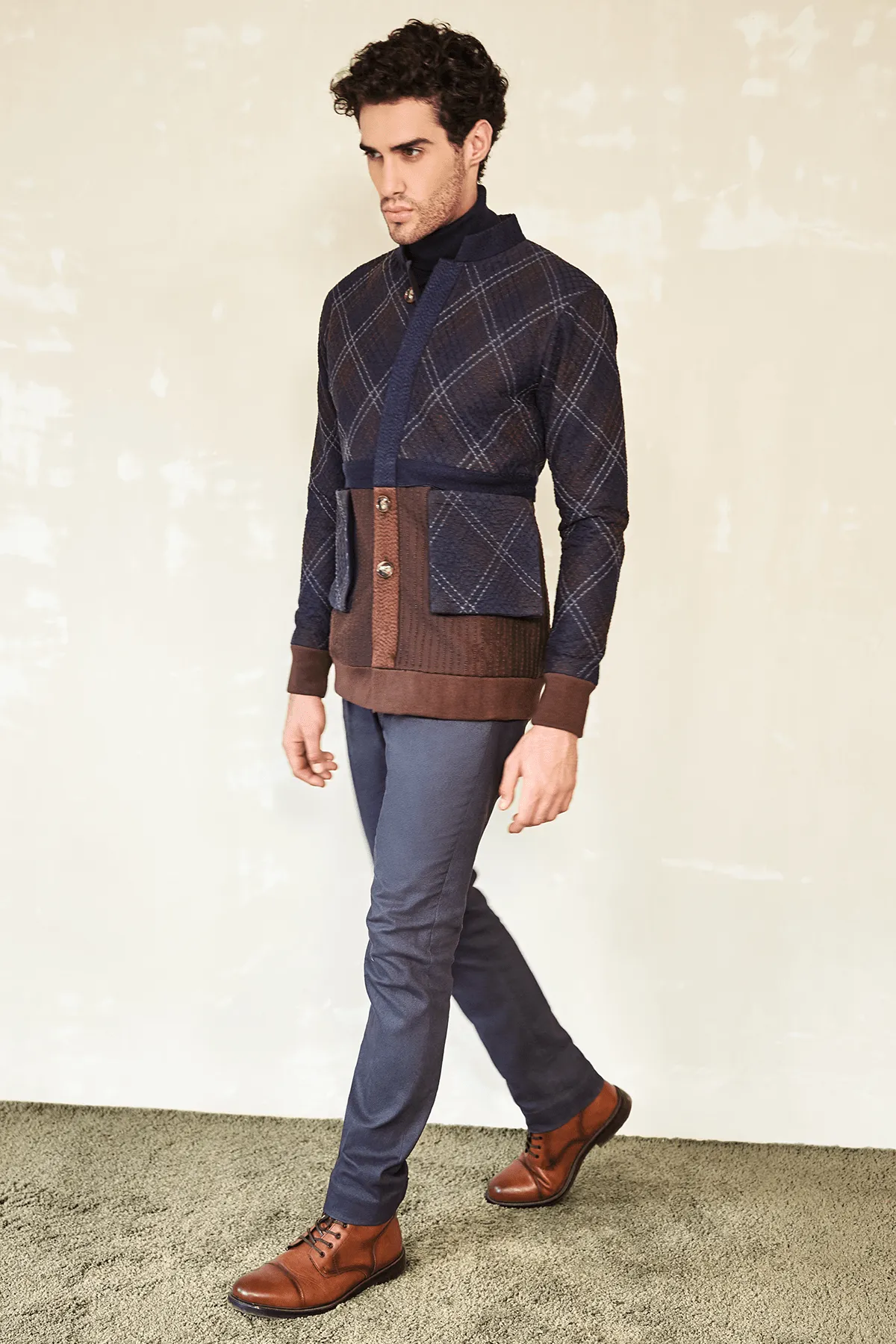 Bomber Jacket with Polo Neck & Grey Trousers