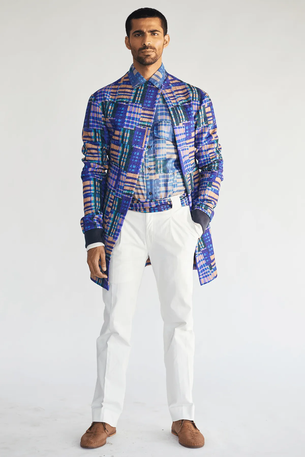 Boxy Prints Jacket with Kota Shirt & White Pleated Trouser