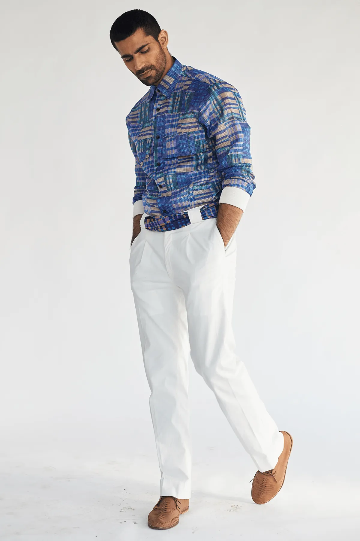 Boxy Prints Jacket with Kota Shirt & White Pleated Trouser