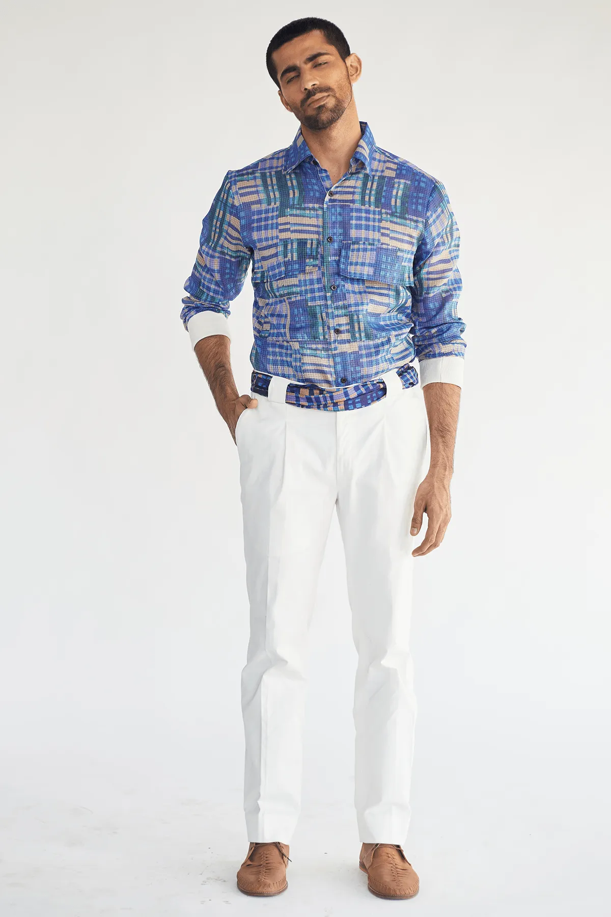 Boxy Prints Jacket with Kota Shirt & White Pleated Trouser