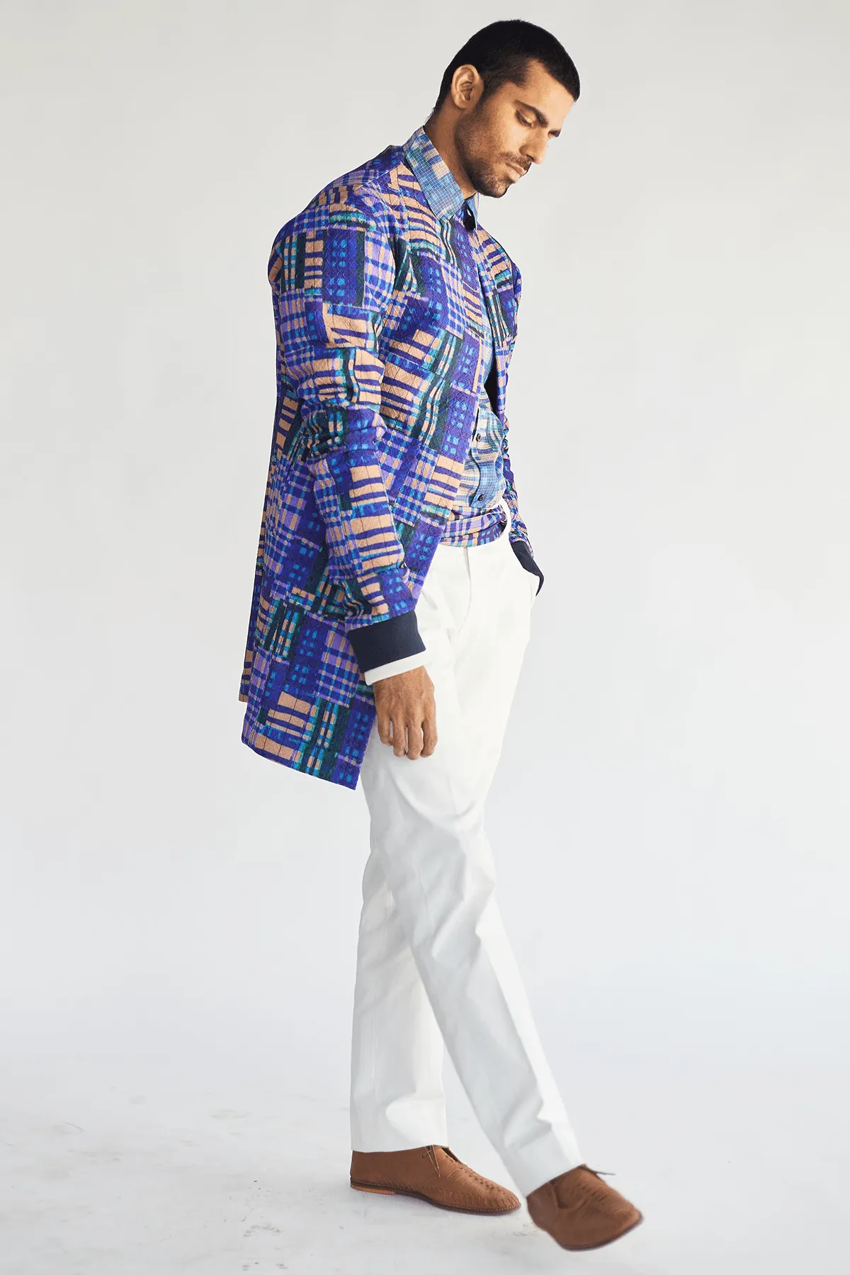Boxy Prints Jacket with Kota Shirt & White Pleated Trouser