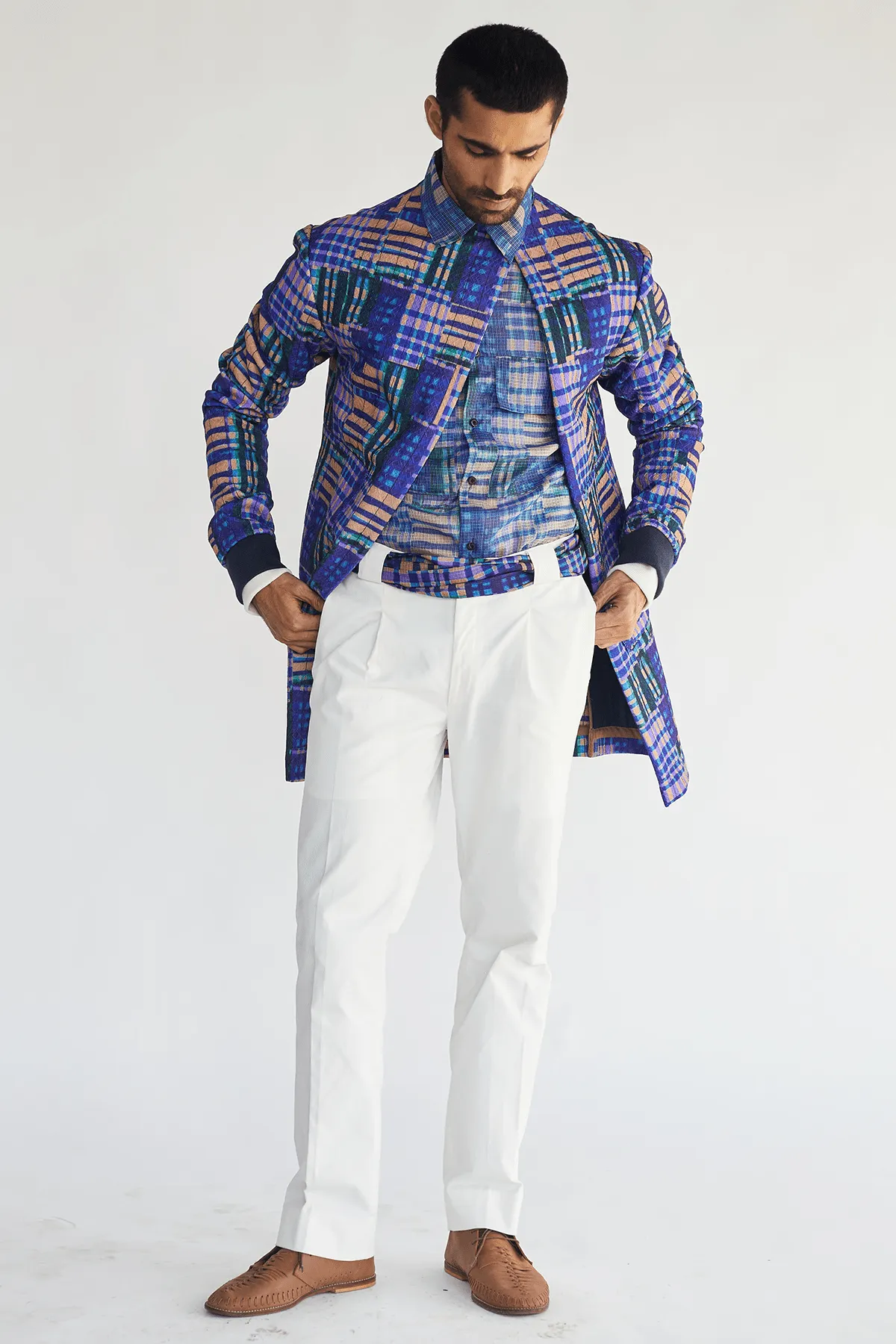 Boxy Prints Jacket with Kota Shirt & White Pleated Trouser
