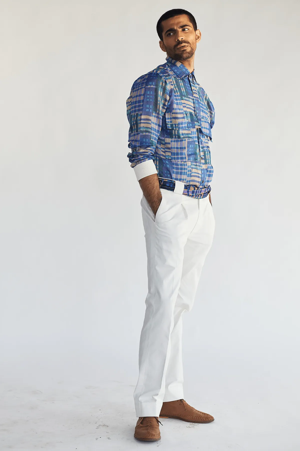 Boxy Prints Jacket with Kota Shirt & White Pleated Trouser