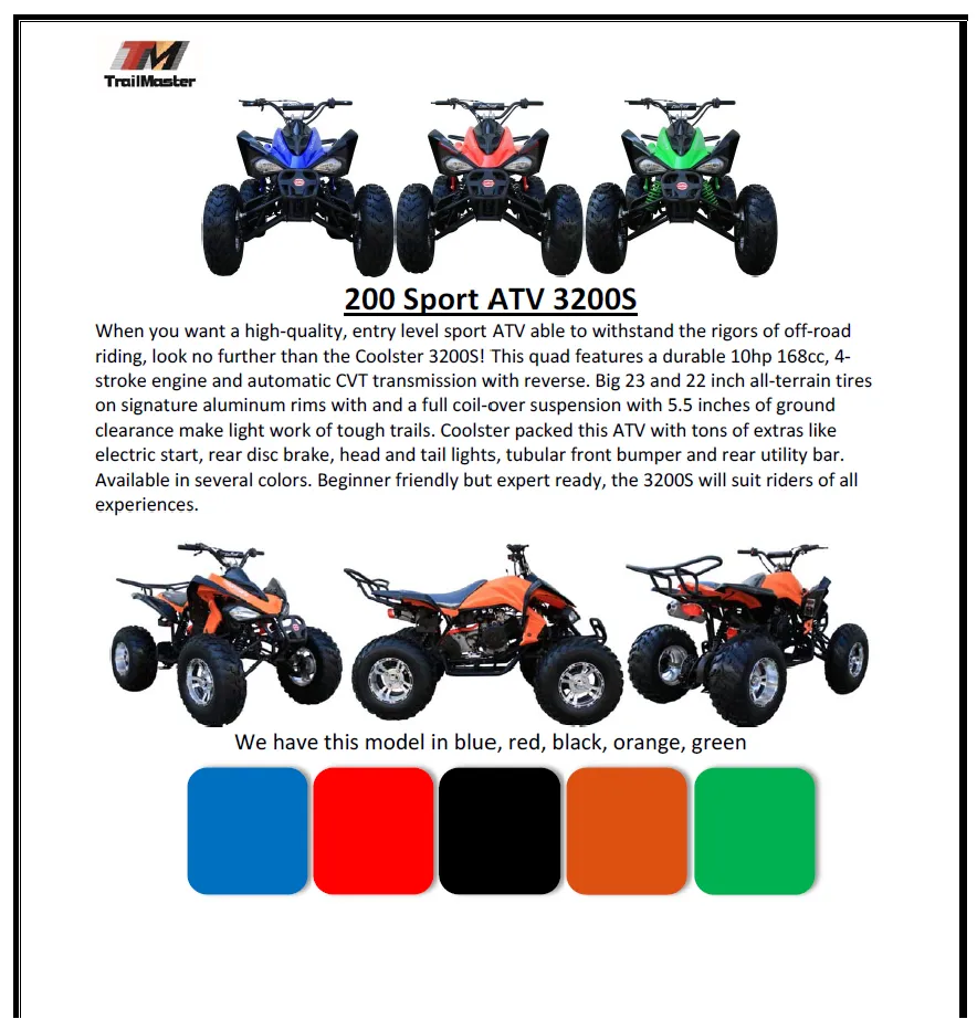 Coolster 3200S, Sports Style, Adult ATV, Alloy Rims, Automatic with reverse, Wider front end, Front and rear  brakes, Electric Start