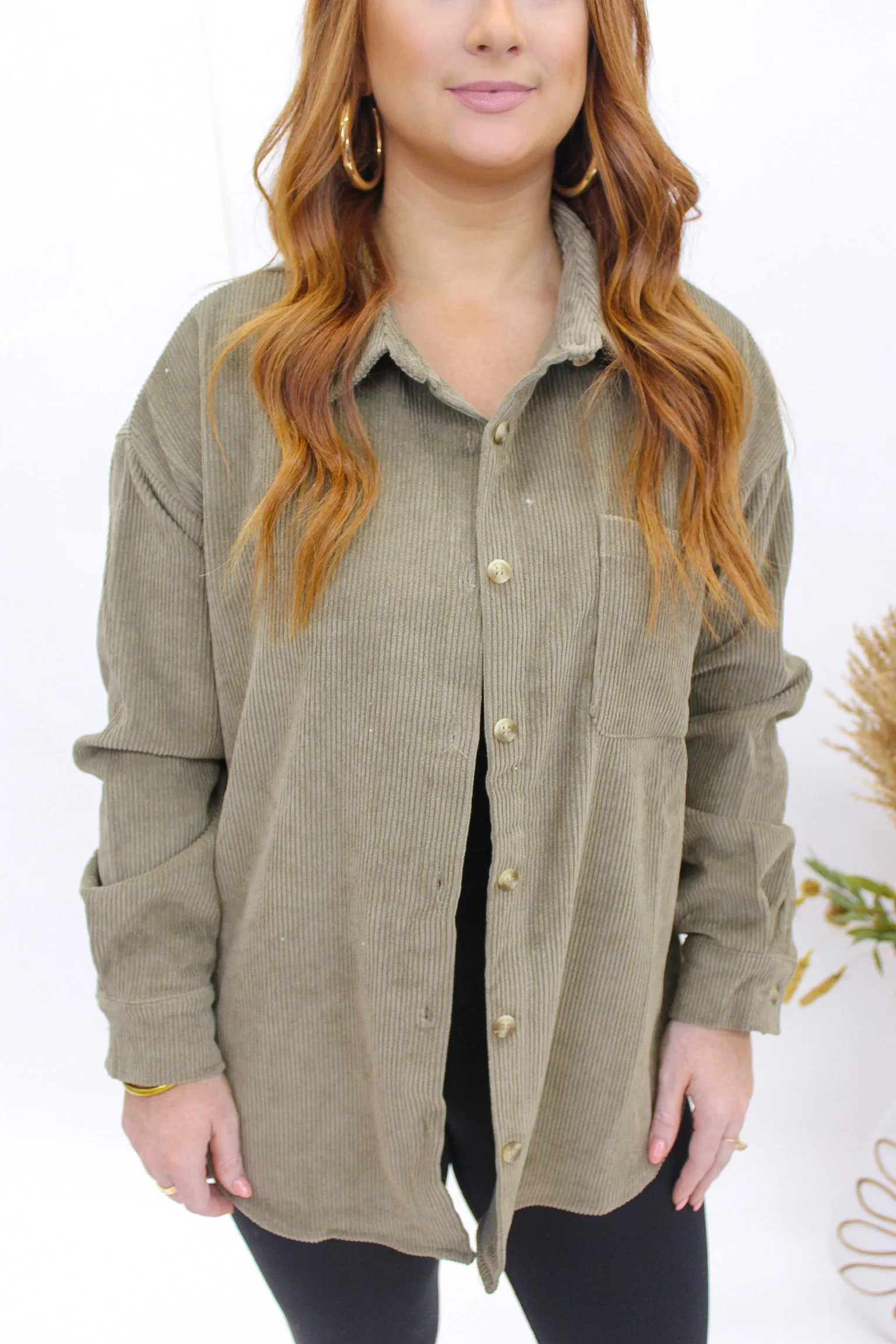Fate Corduroy Button Up Shacket- Olive
