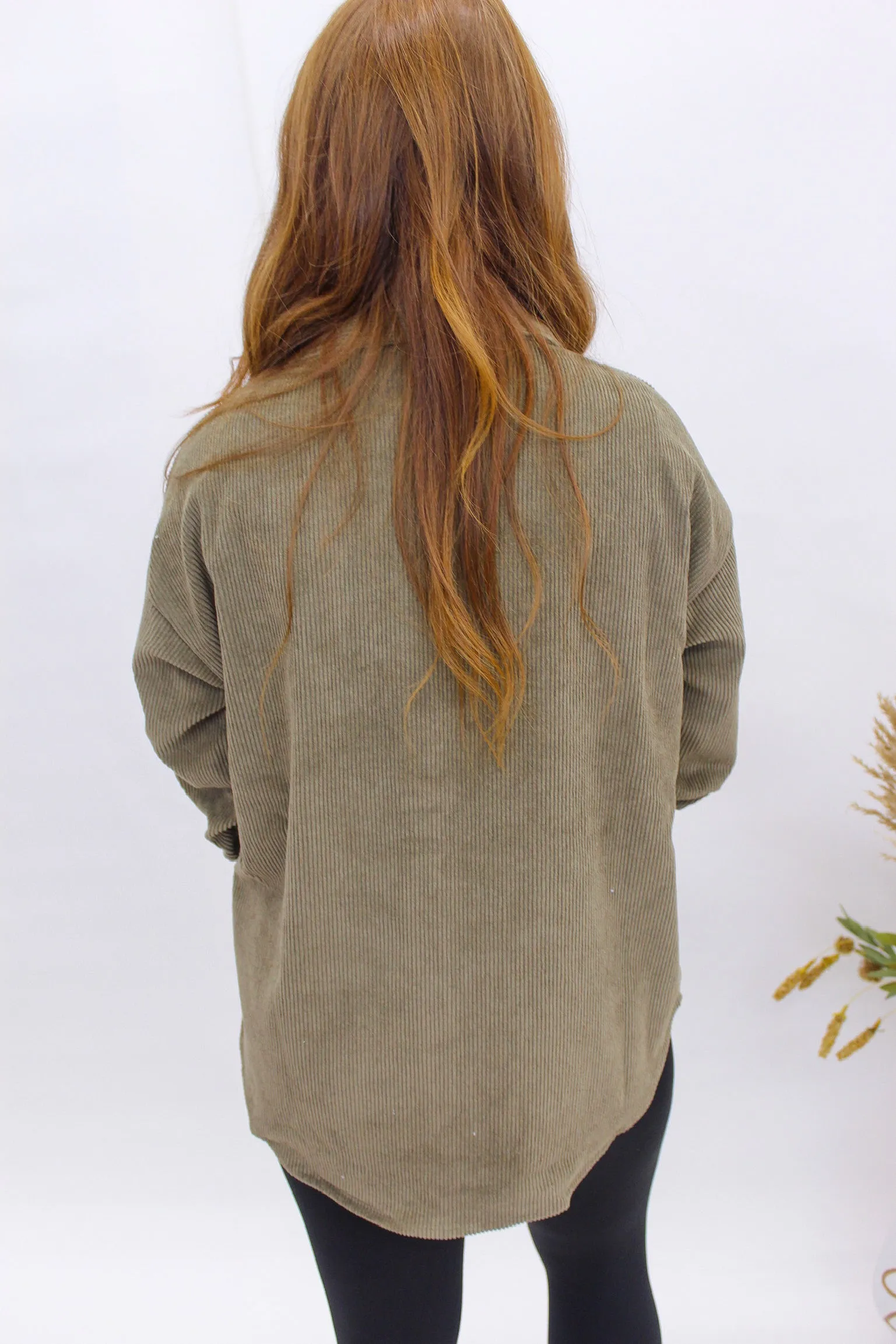 Fate Corduroy Button Up Shacket- Olive