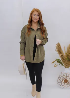 Fate Corduroy Button Up Shacket- Olive