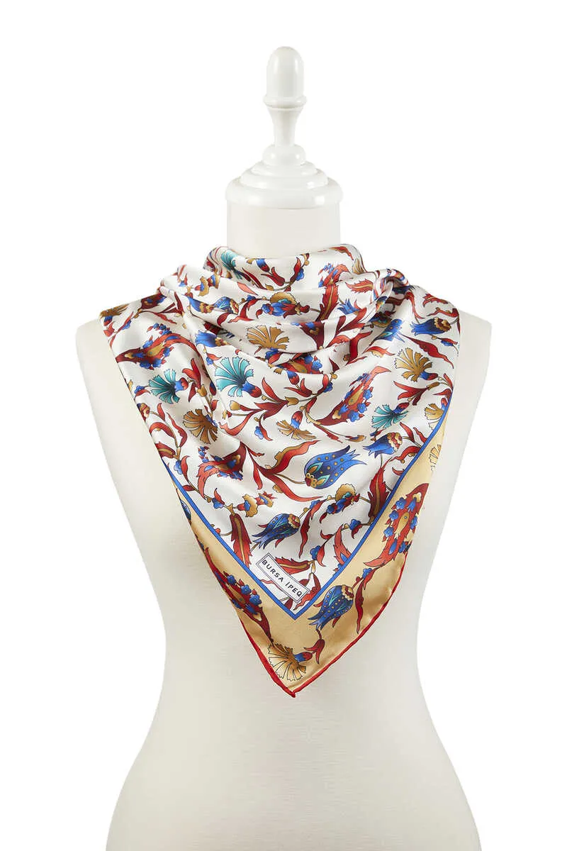 Gold Red Turkish Pattern Carnation Tulip Pattern Silky Square Scarf