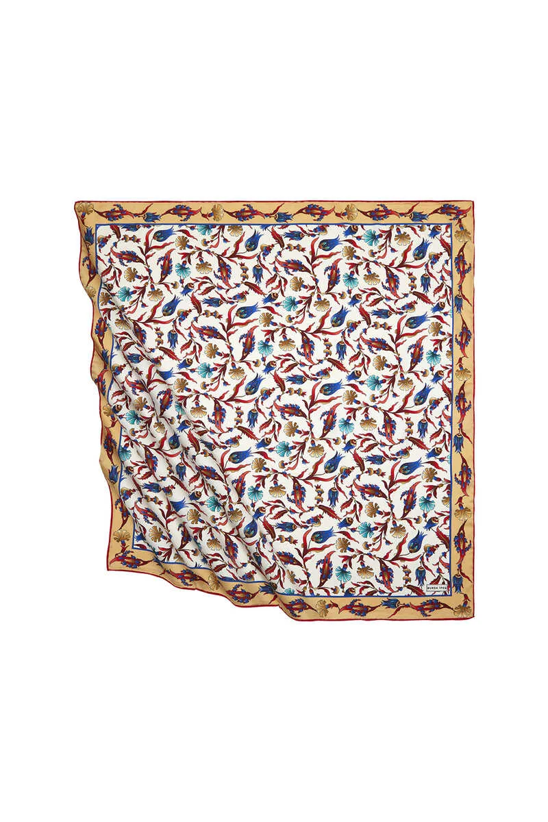 Gold Red Turkish Pattern Carnation Tulip Pattern Silky Square Scarf