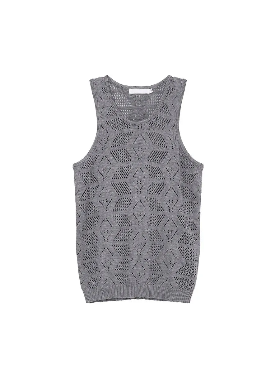 Jinquedai  Men's Wear 2024 Summer Solid Color Round Neck Hollow Out Knitted Vest Casual Korean Style Streetwear Tank Top Sleeveless T-shirt