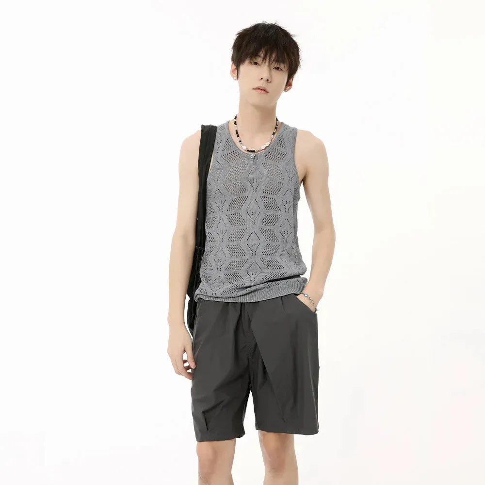 Jinquedai  Men's Wear 2024 Summer Solid Color Round Neck Hollow Out Knitted Vest Casual Korean Style Streetwear Tank Top Sleeveless T-shirt
