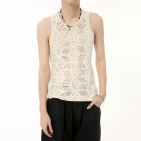 Jinquedai  Men's Wear 2024 Summer Solid Color Round Neck Hollow Out Knitted Vest Casual Korean Style Streetwear Tank Top Sleeveless T-shirt
