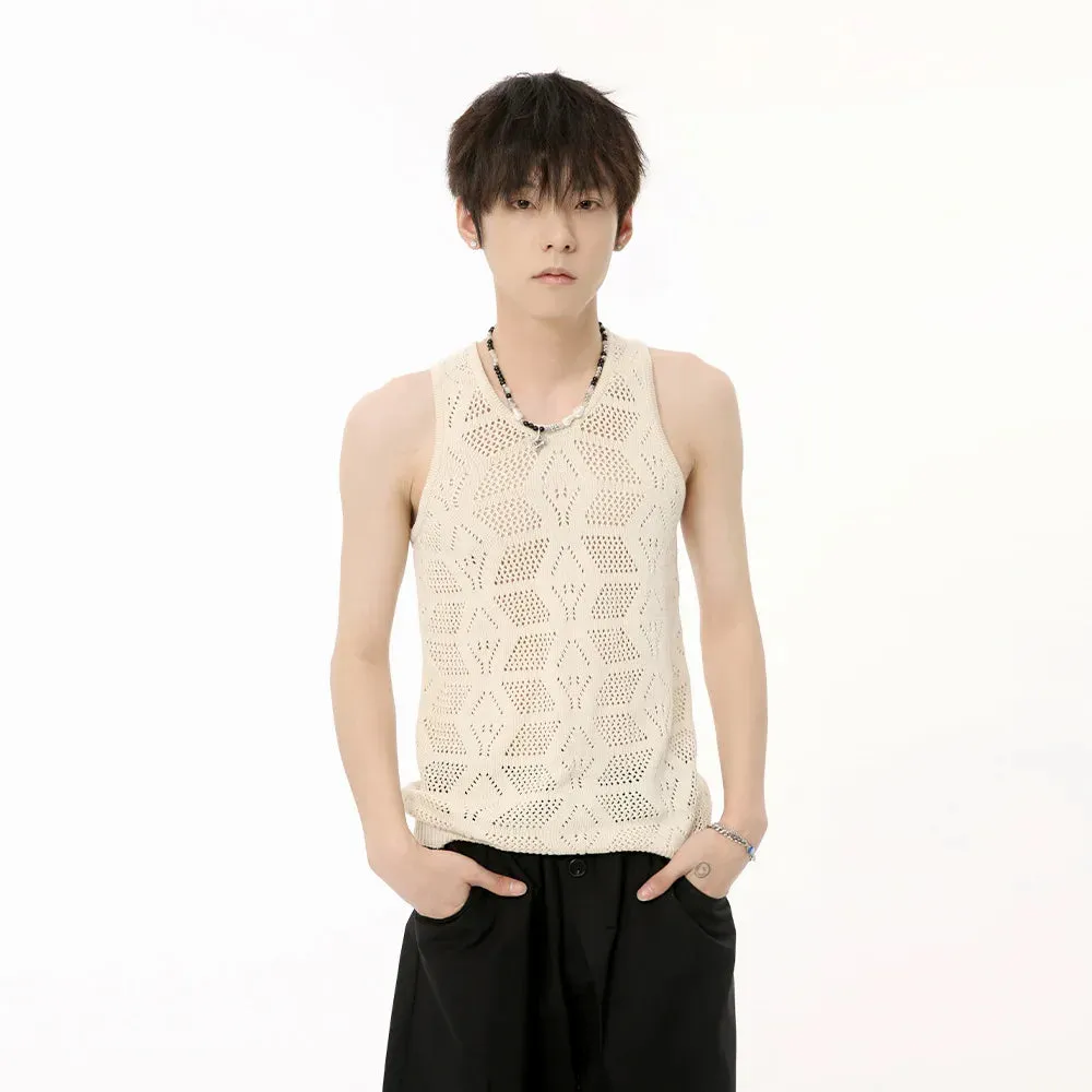 Jinquedai  Men's Wear 2024 Summer Solid Color Round Neck Hollow Out Knitted Vest Casual Korean Style Streetwear Tank Top Sleeveless T-shirt