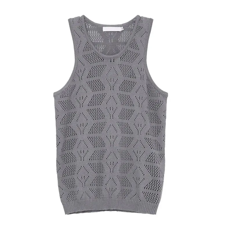 Jinquedai  Men's Wear 2024 Summer Solid Color Round Neck Hollow Out Knitted Vest Casual Korean Style Streetwear Tank Top Sleeveless T-shirt