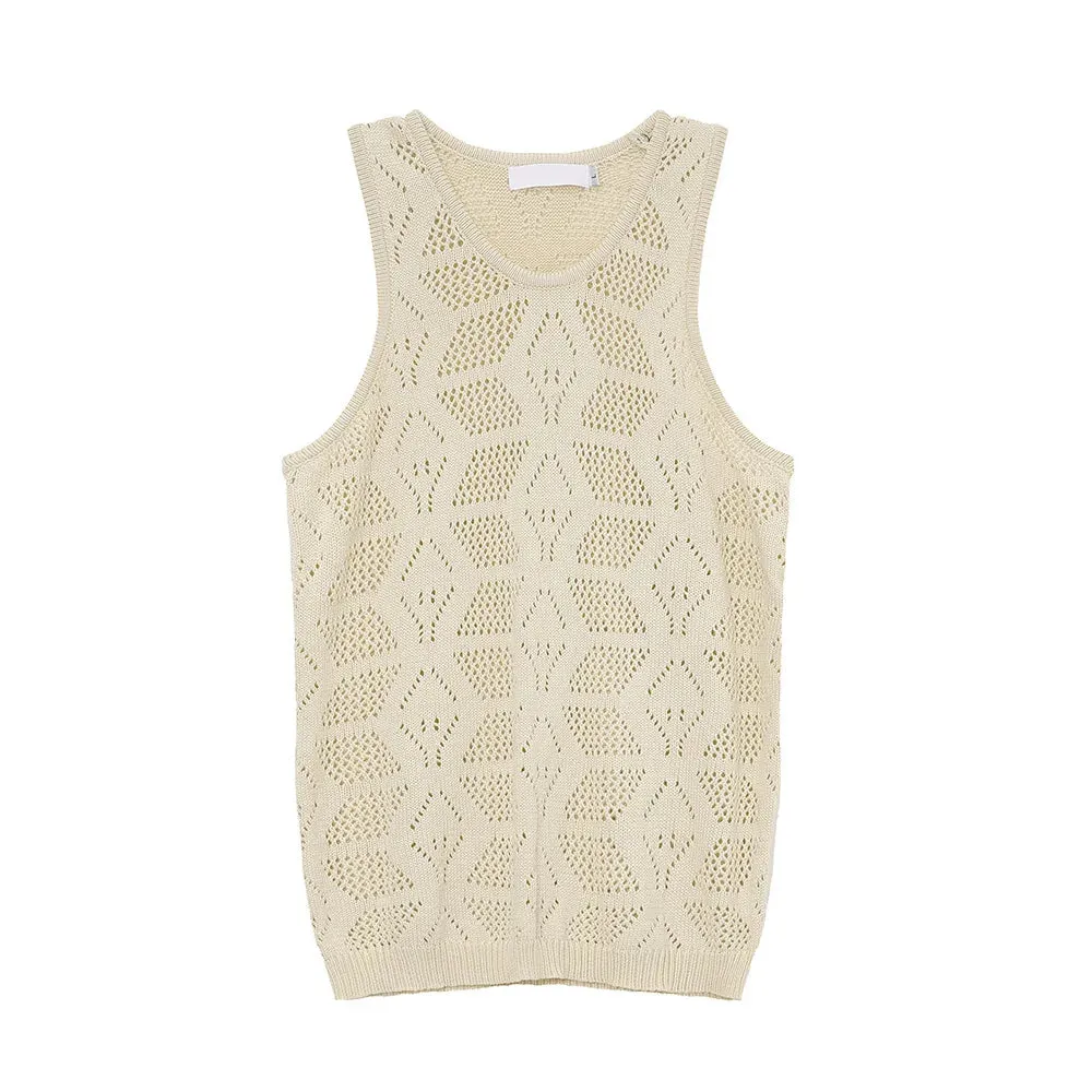 Jinquedai  Men's Wear 2024 Summer Solid Color Round Neck Hollow Out Knitted Vest Casual Korean Style Streetwear Tank Top Sleeveless T-shirt