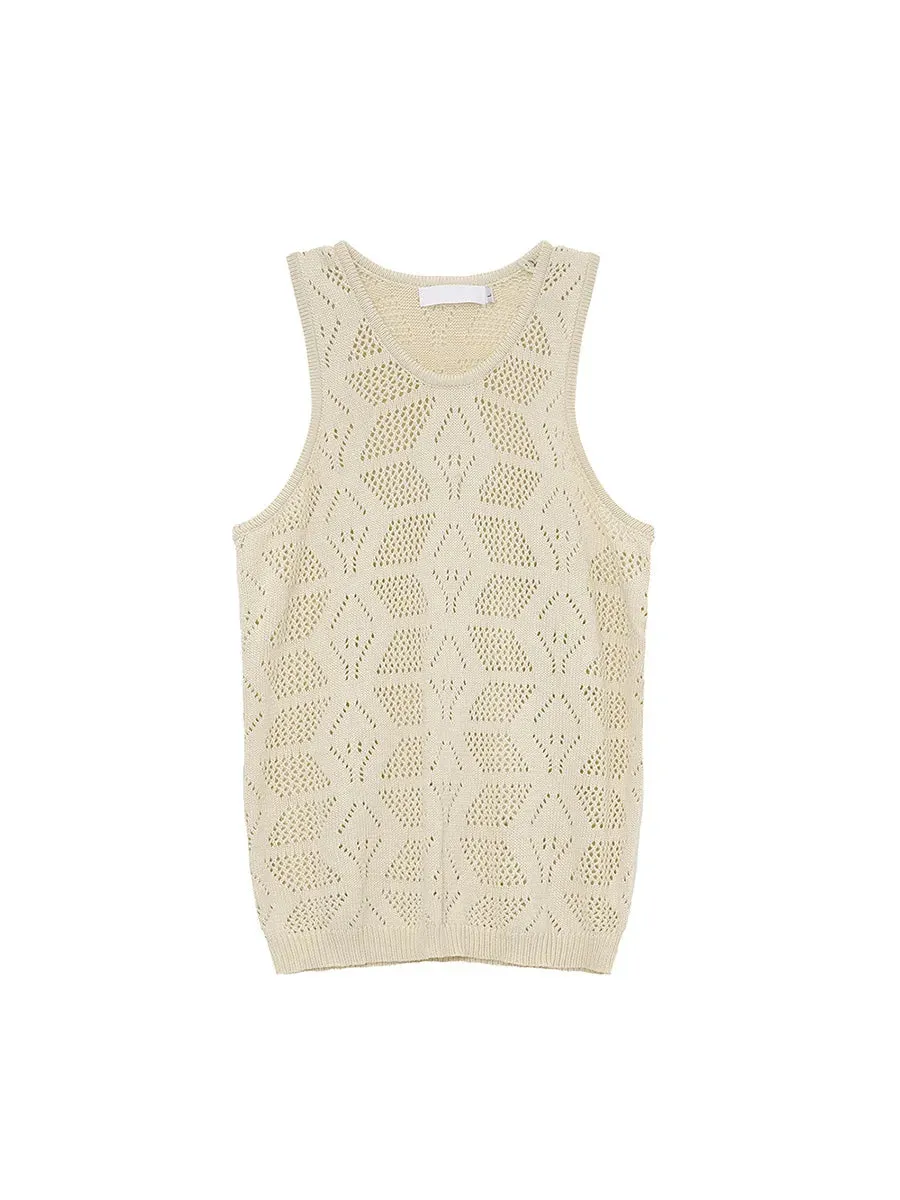 Jinquedai  Men's Wear 2024 Summer Solid Color Round Neck Hollow Out Knitted Vest Casual Korean Style Streetwear Tank Top Sleeveless T-shirt