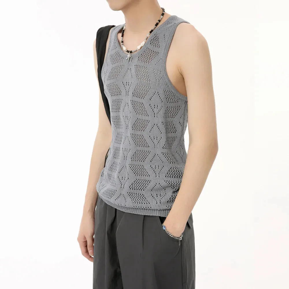 Jinquedai  Men's Wear 2024 Summer Solid Color Round Neck Hollow Out Knitted Vest Casual Korean Style Streetwear Tank Top Sleeveless T-shirt