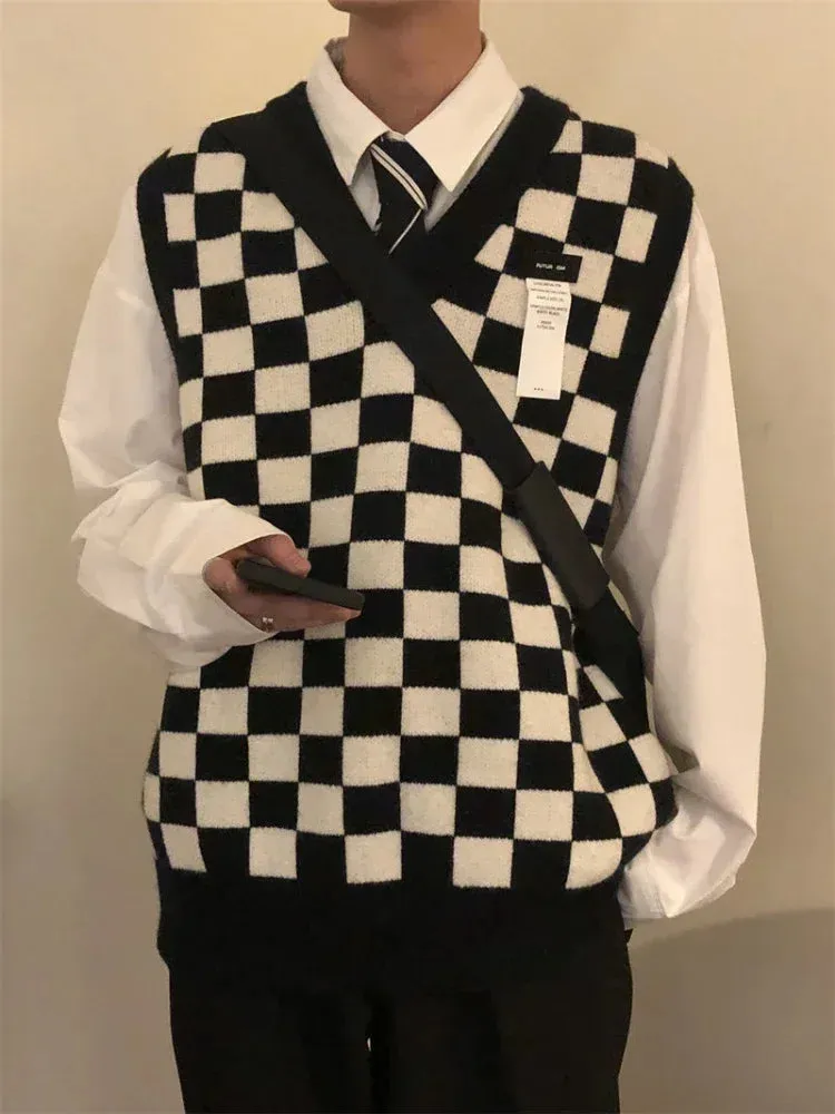 Knit Sweater Male Sleeveless Vest Plaid Icon Men's Clothing Green Waistcoat Neck Sweat-shirt Wool X Large Big Size Trend T