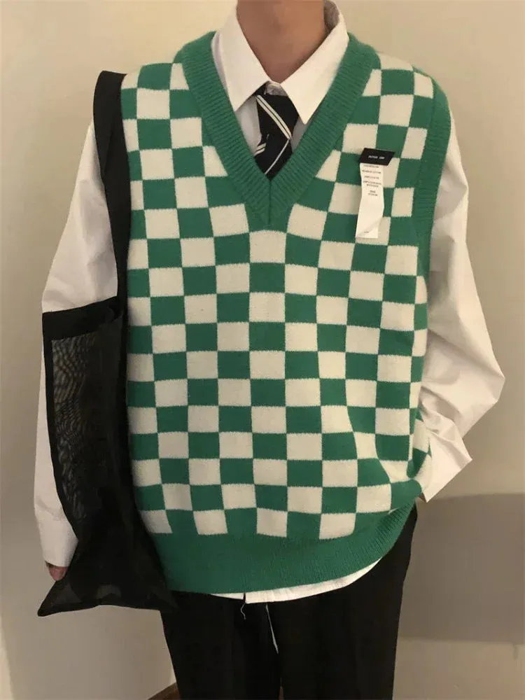 Knit Sweater Male Sleeveless Vest Plaid Icon Men's Clothing Green Waistcoat Neck Sweat-shirt Wool X Large Big Size Trend T