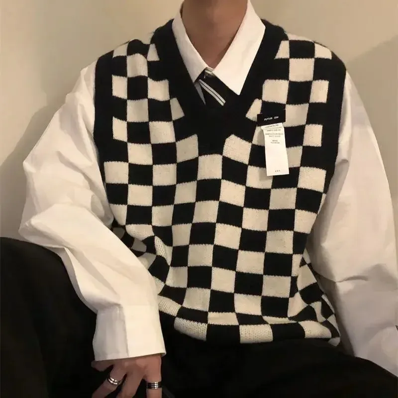 Knit Sweater Male Sleeveless Vest Plaid Icon Men's Clothing Green Waistcoat Neck Sweat-shirt Wool X Large Big Size Trend T