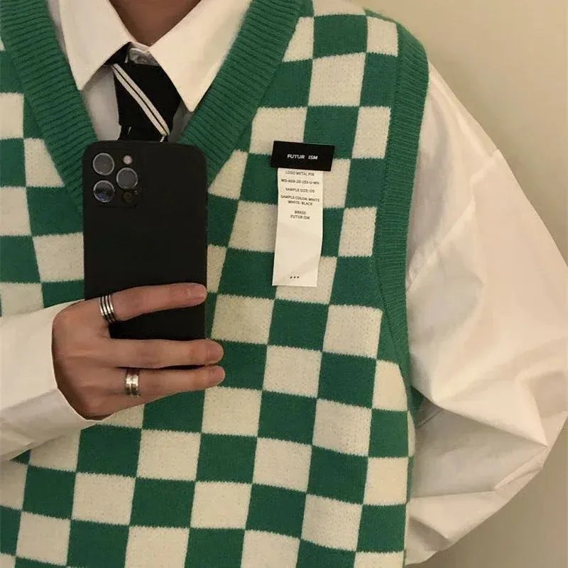 Knit Sweater Male Sleeveless Vest Plaid Icon Men's Clothing Green Waistcoat Neck Sweat-shirt Wool X Large Big Size Trend T