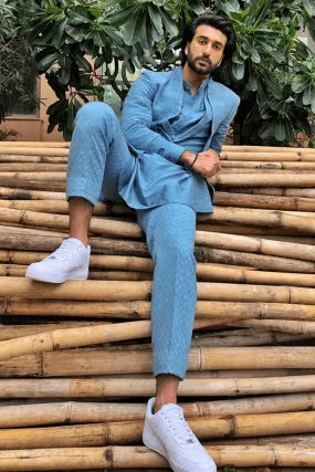 Meezan In Blue jacket with short blue kurta and trousers