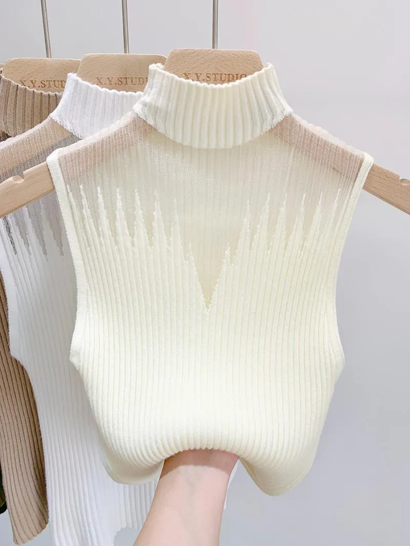 Mesh Hanging Neck Semi-high Neck Knitted Small Vest Female Undershirt Sweater Sleeveless T-shirt Short Tanks