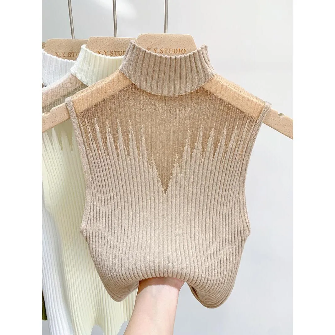 Mesh Hanging Neck Semi-high Neck Knitted Small Vest Female Undershirt Sweater Sleeveless T-shirt Short Tanks