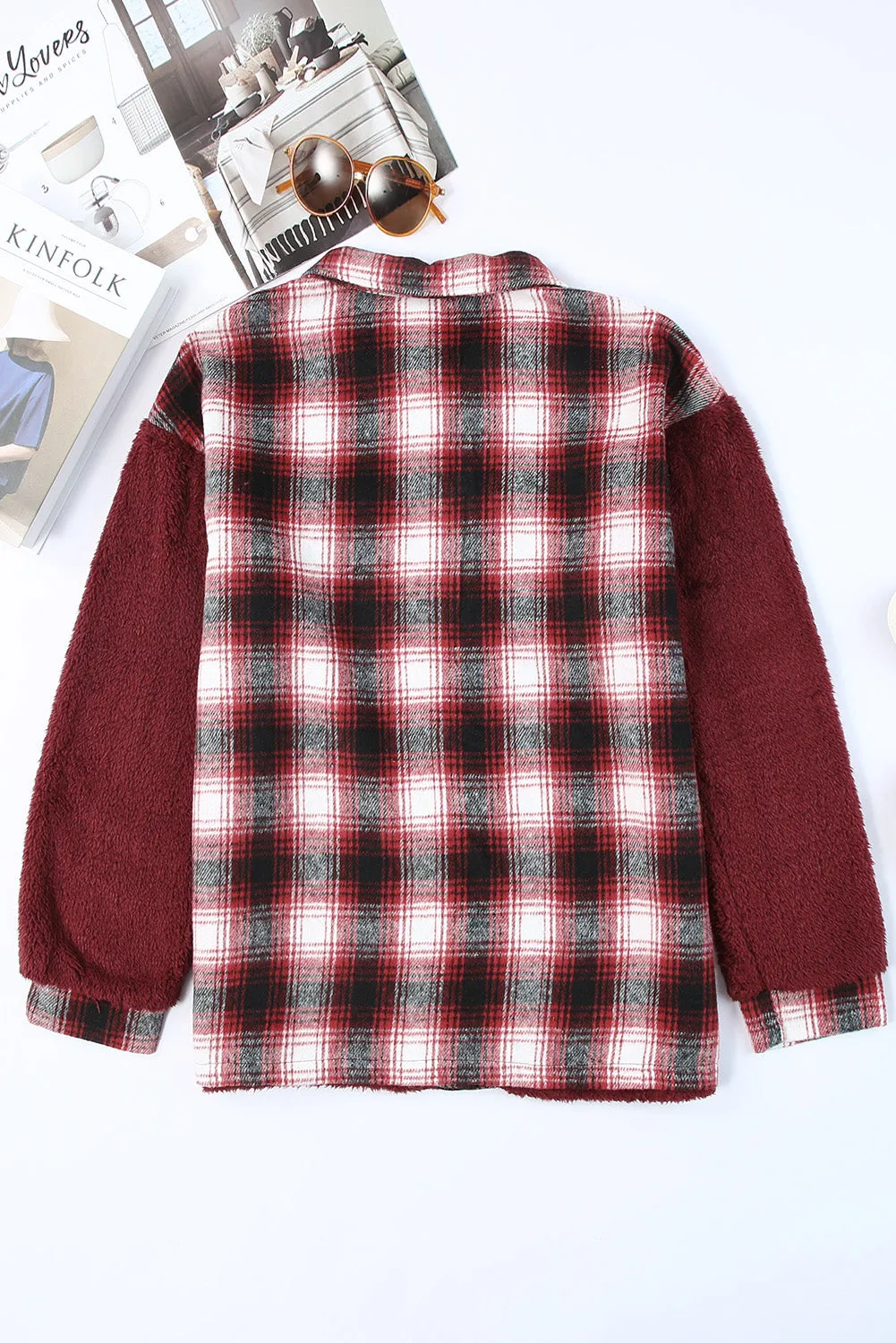 Plaid Patchwork Buttoned Pocket Sherpa Jacket