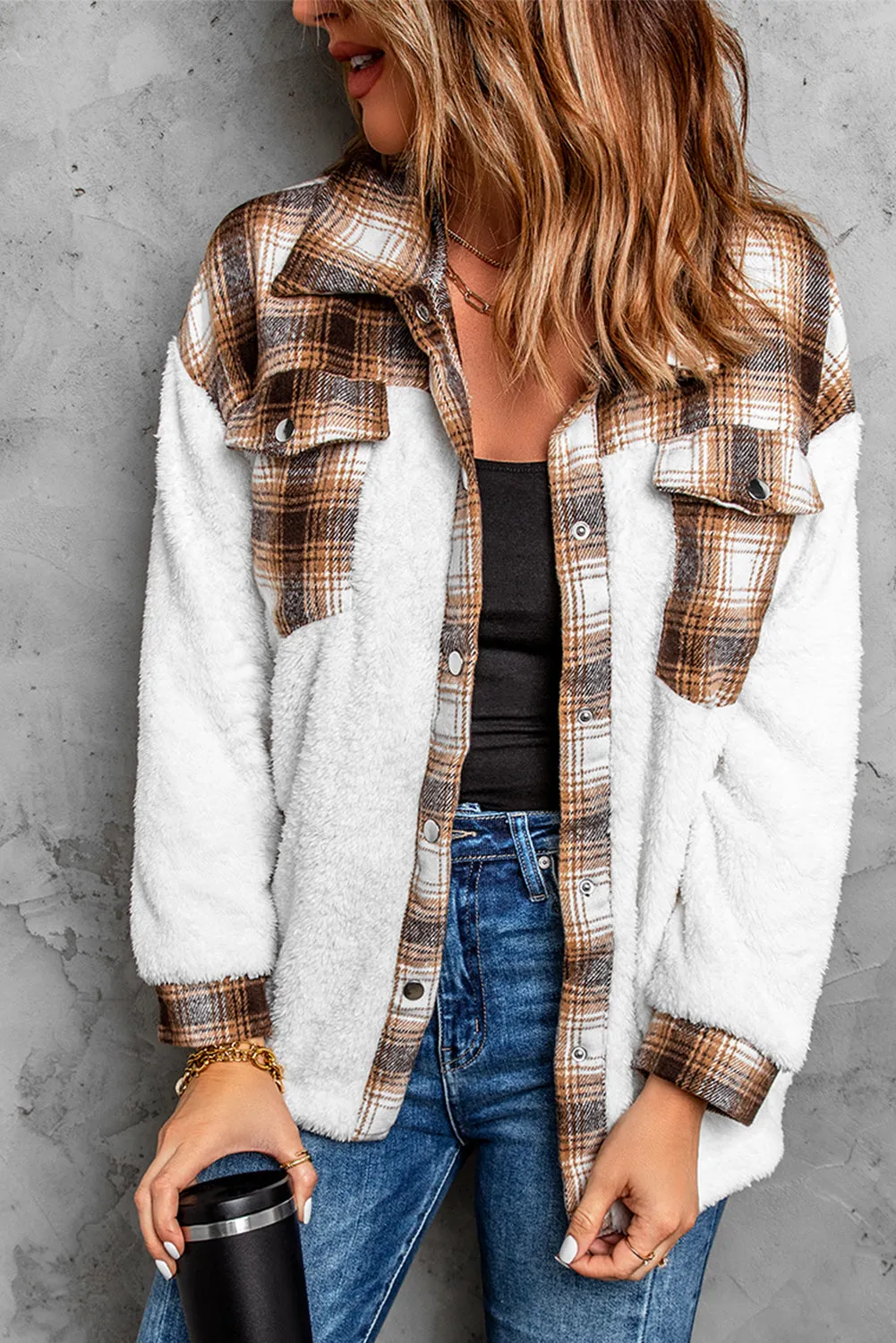 Plaid Patchwork Buttoned Pocket Sherpa Jacket