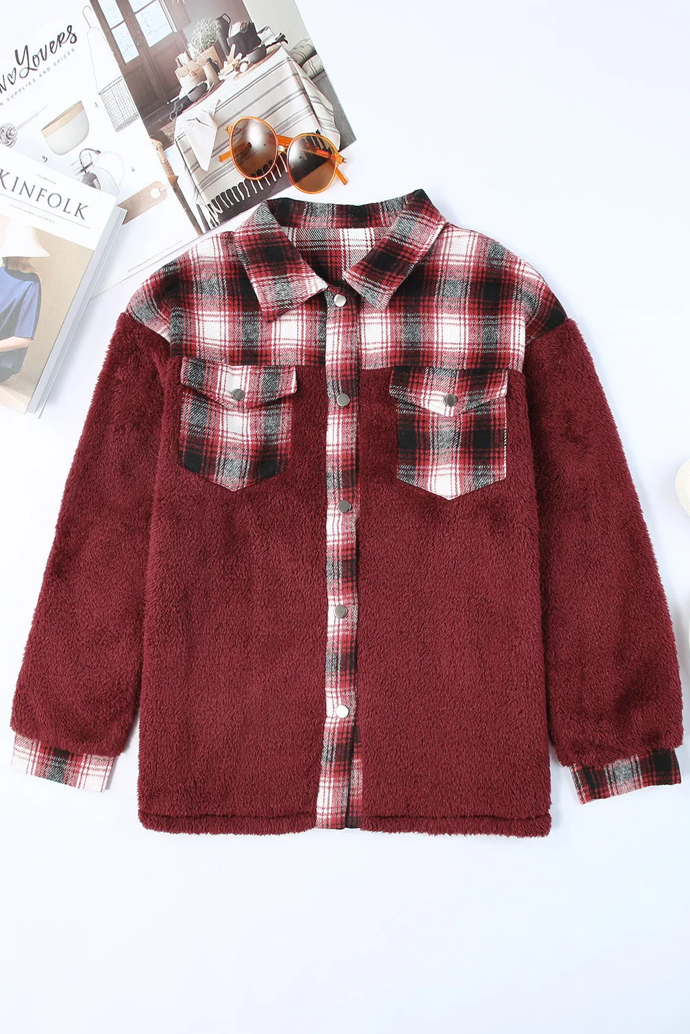 Plaid Patchwork Buttoned Pocket Sherpa Jacket