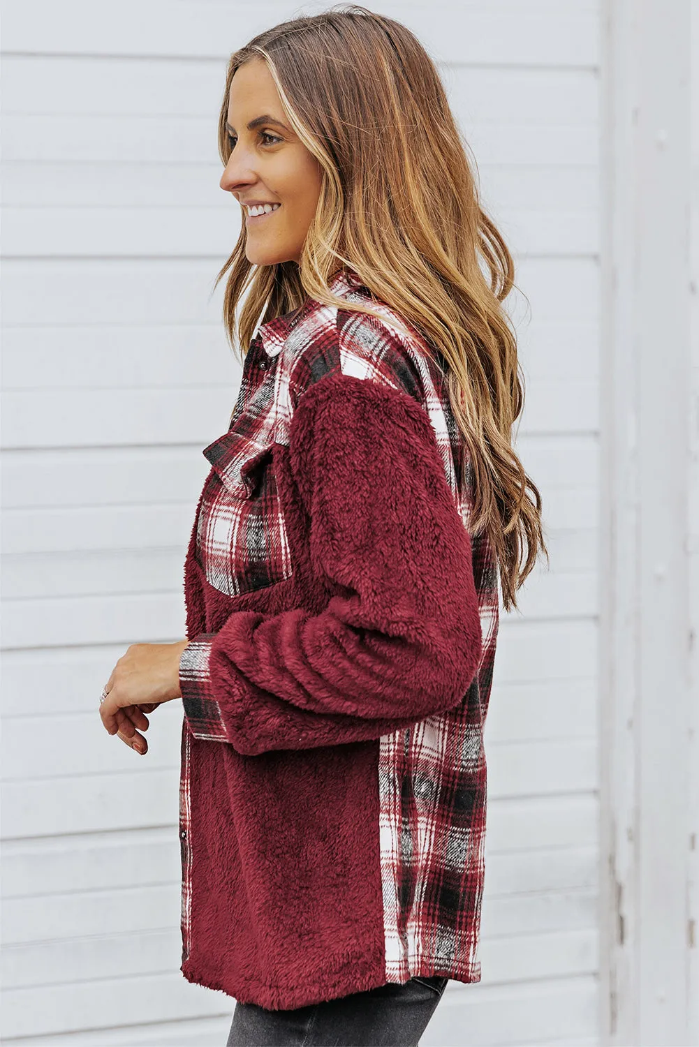 Plaid Patchwork Buttoned Pocket Sherpa Jacket