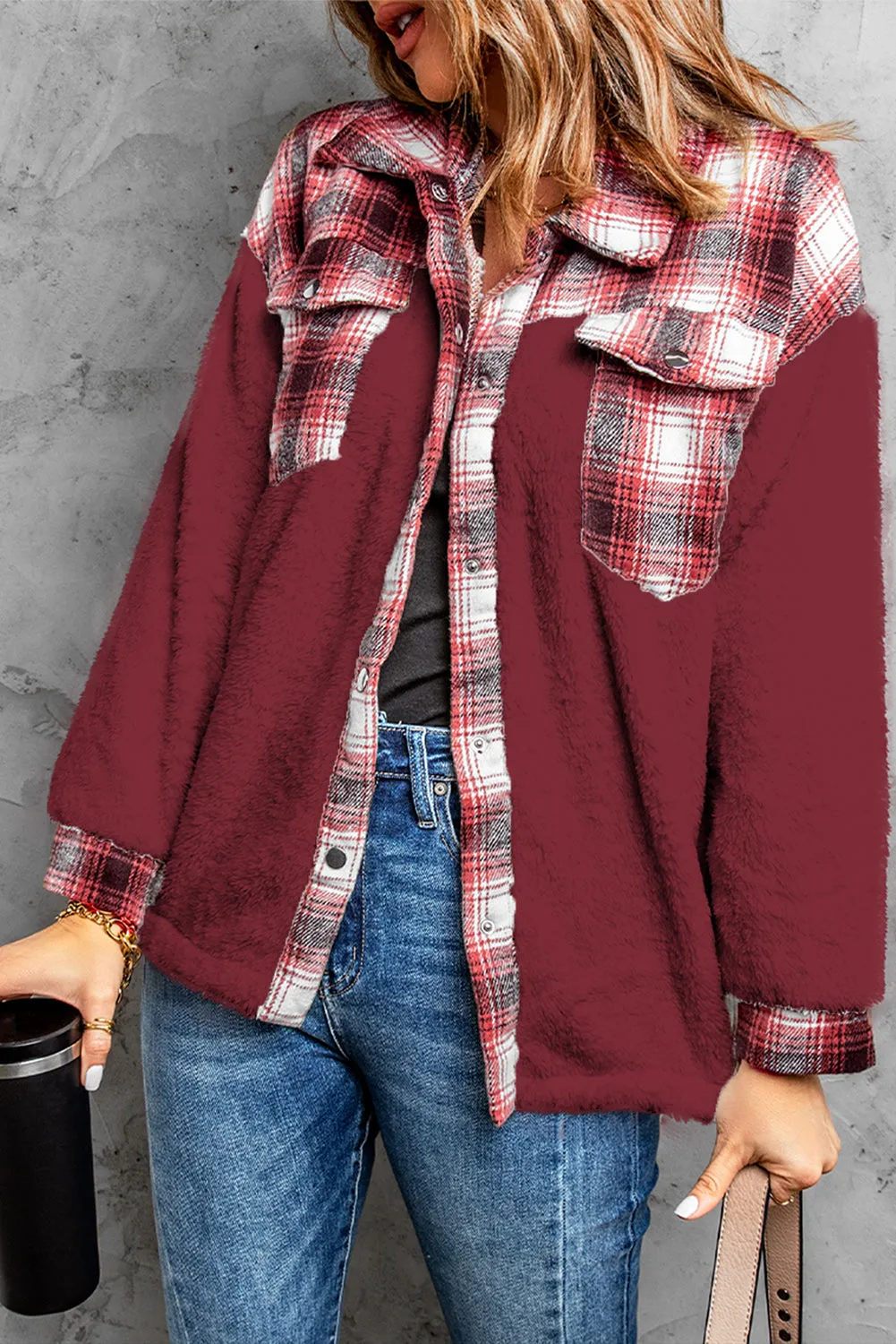 Plaid Patchwork Buttoned Pocket Sherpa Jacket