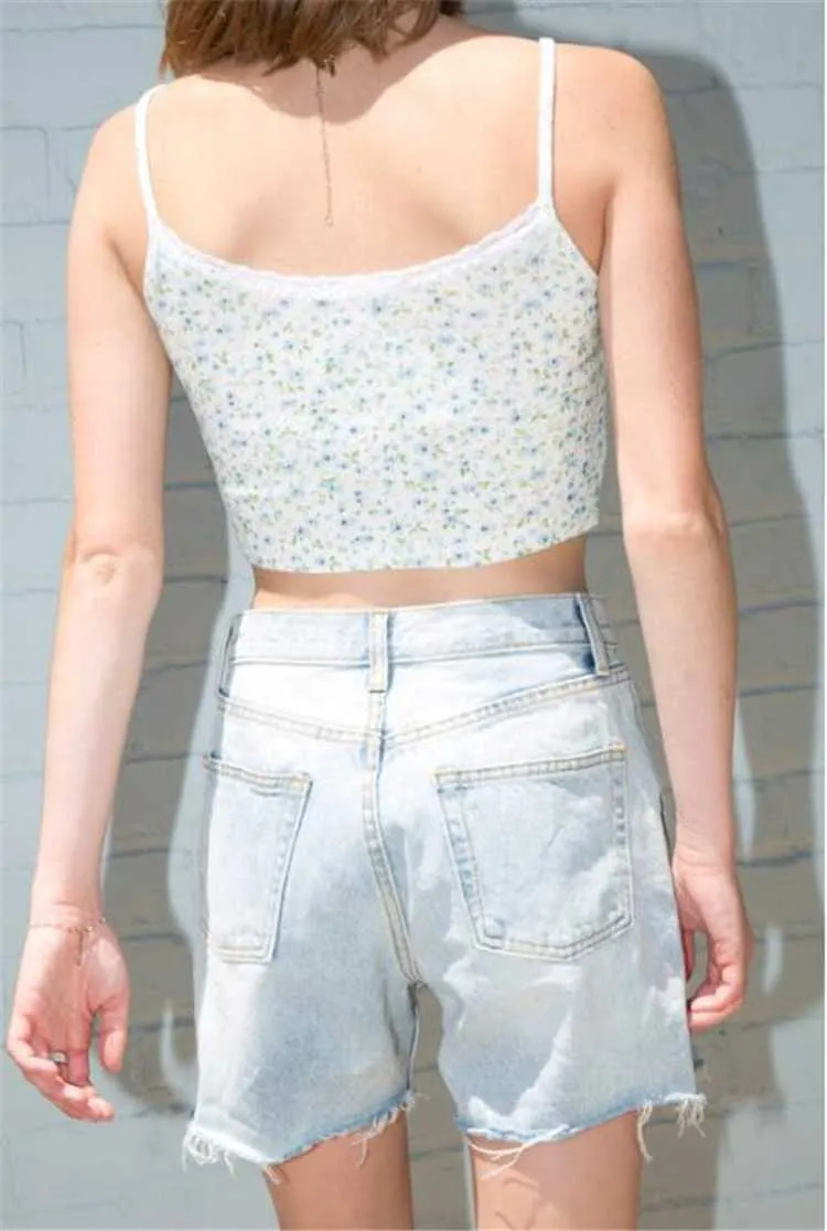 Ribbed Floral Prints Knit Cropped Cami Tops Lace Trim Tank