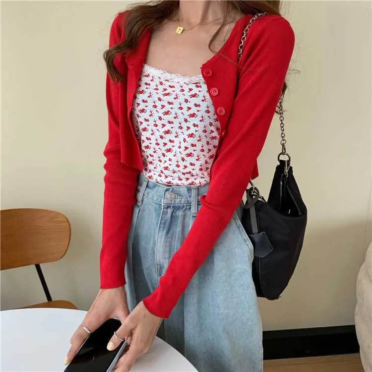 Ribbed Floral Prints Knit Cropped Cami Tops Lace Trim Tank