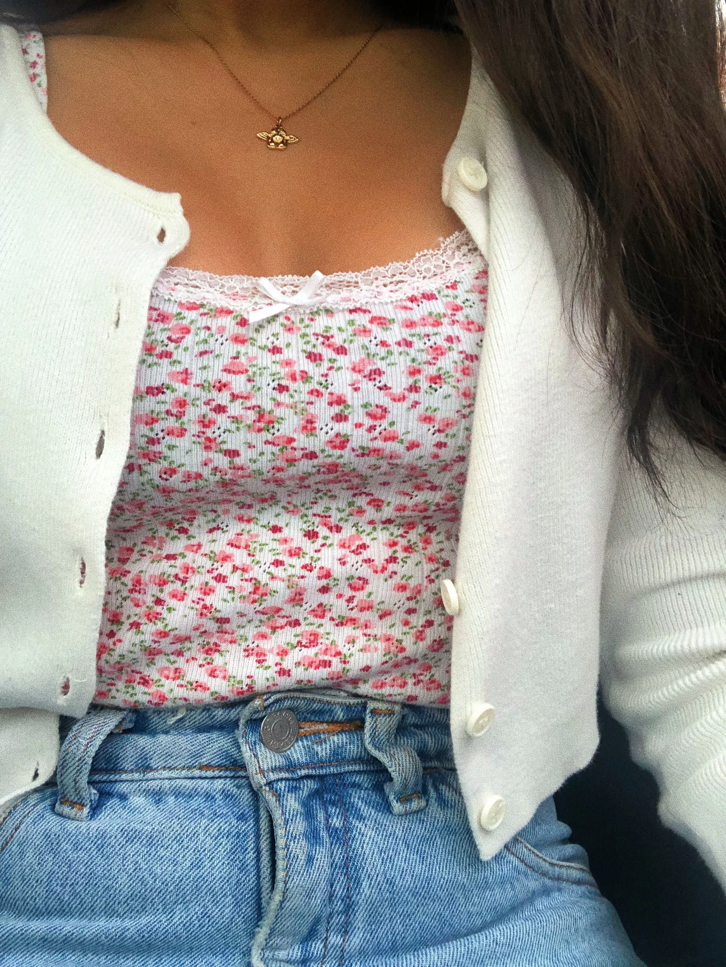 Ribbed Floral Prints Knit Cropped Cami Tops Lace Trim Tank