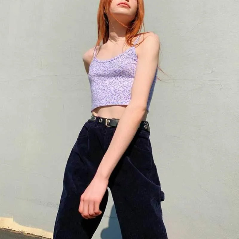 Ribbed Floral Prints Knit Cropped Cami Tops Lace Trim Tank