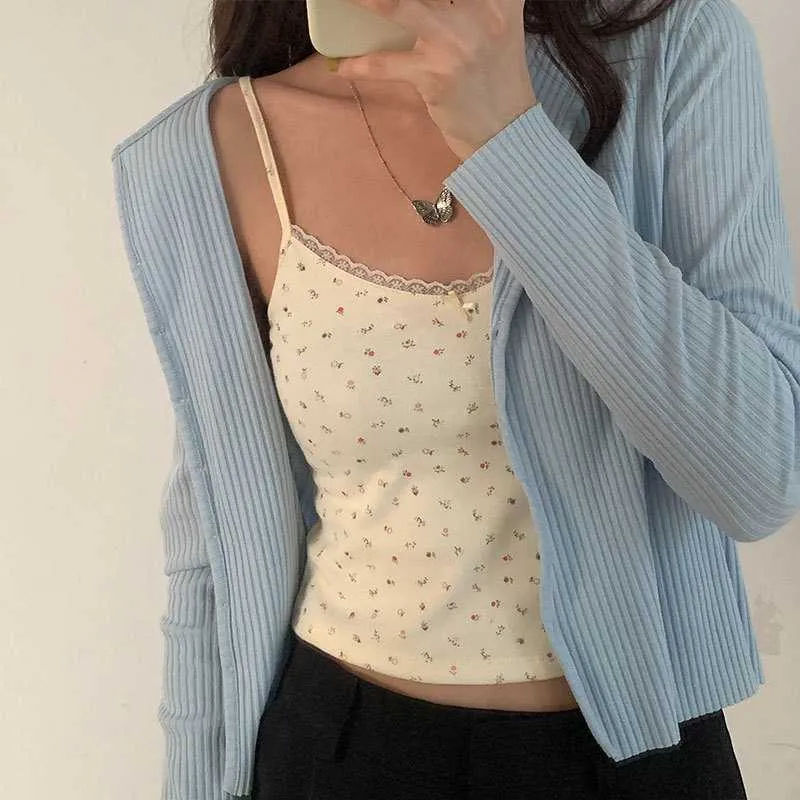 Ribbed Floral Prints Knit Cropped Cami Tops Lace Trim Tank