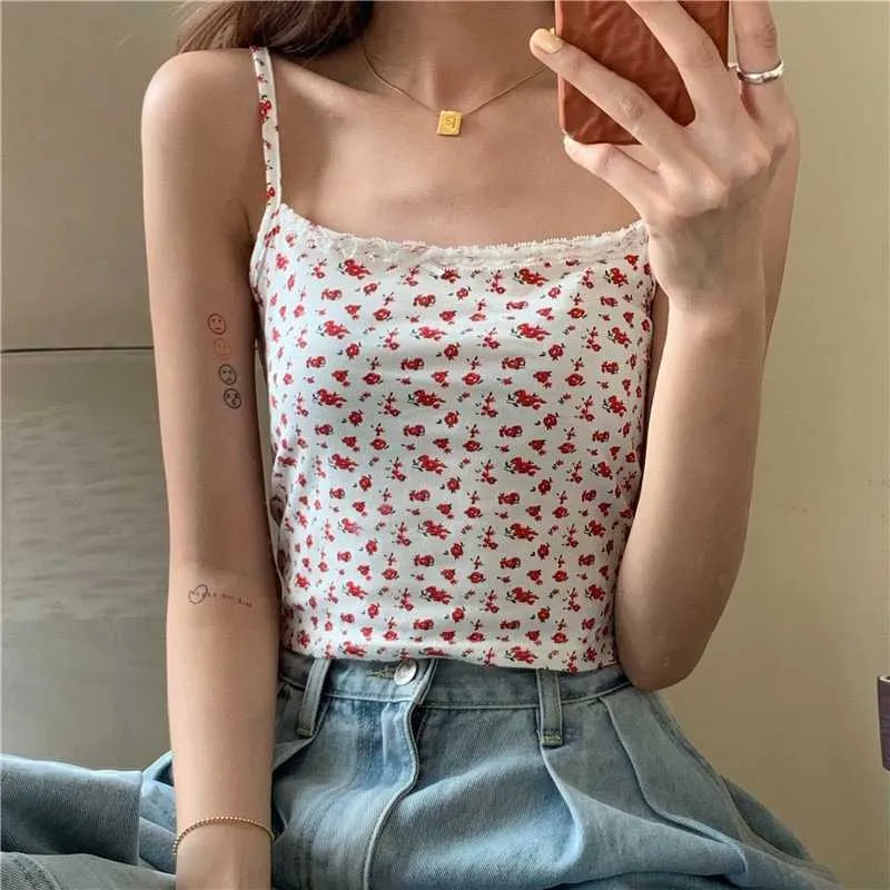 Ribbed Floral Prints Knit Cropped Cami Tops Lace Trim Tank