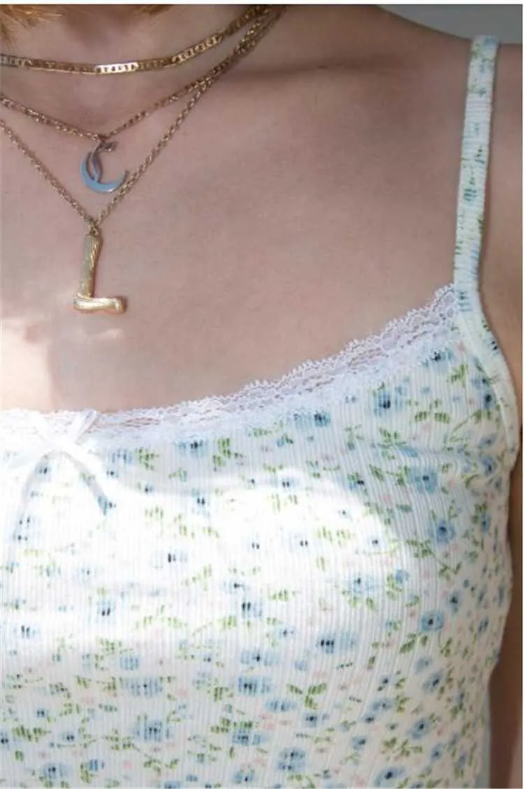 Ribbed Floral Prints Knit Cropped Cami Tops Lace Trim Tank