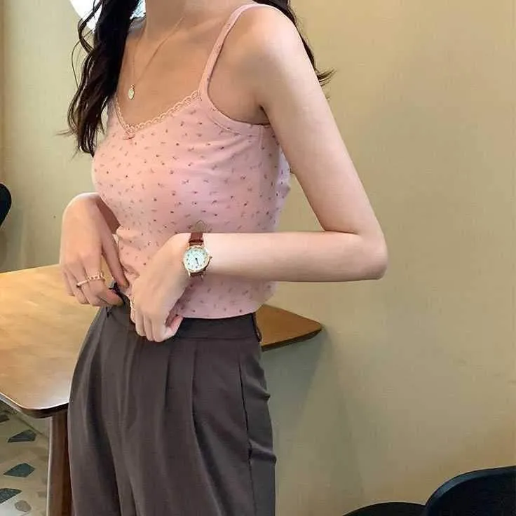 Ribbed Floral Prints Knit Cropped Cami Tops Lace Trim Tank