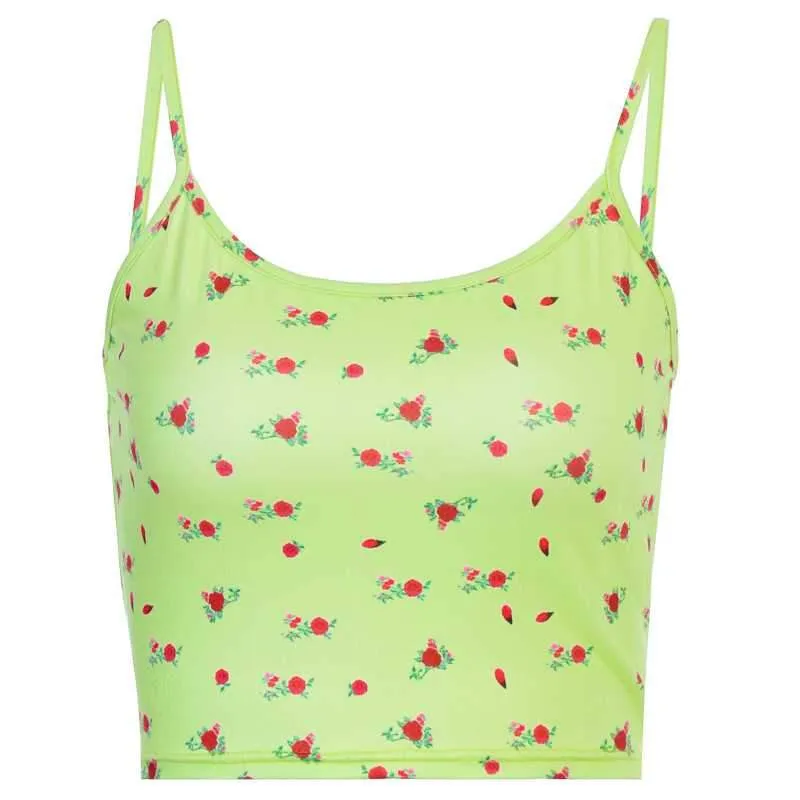 Ribbed Floral Prints Knit Cropped Cami Tops Lace Trim Tank